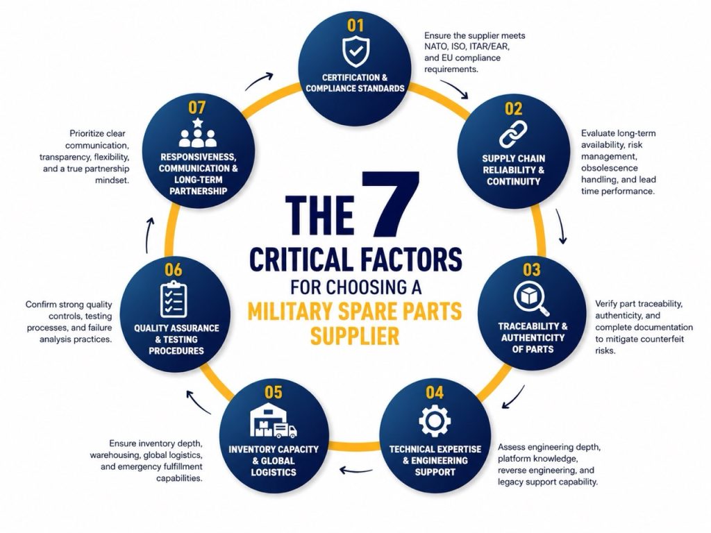 Professional circular infographic showing the seven critical factors defense procurement teams evaluate when selecting a military spare parts supplier, including certification compliance, supply chain reliability, traceability, technical expertise, inventory logistics, quality assurance, and long term partnership.