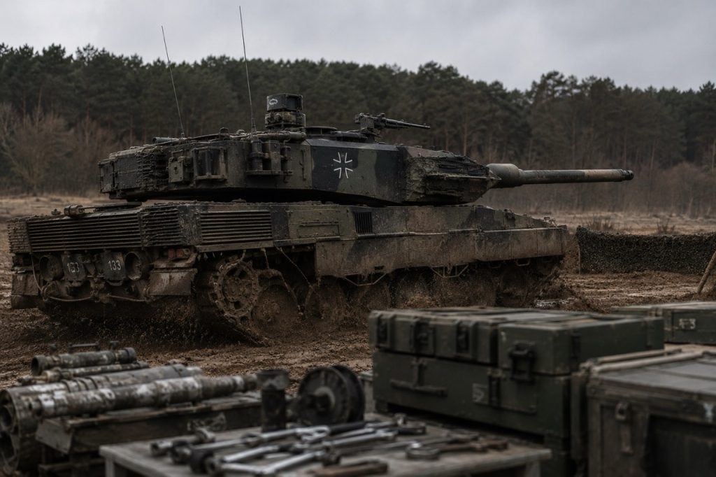 Technicy wojskowi wykonujący konserwację Leopard 2 w celu poprawy gotowości operacyjnej i dostępności floty