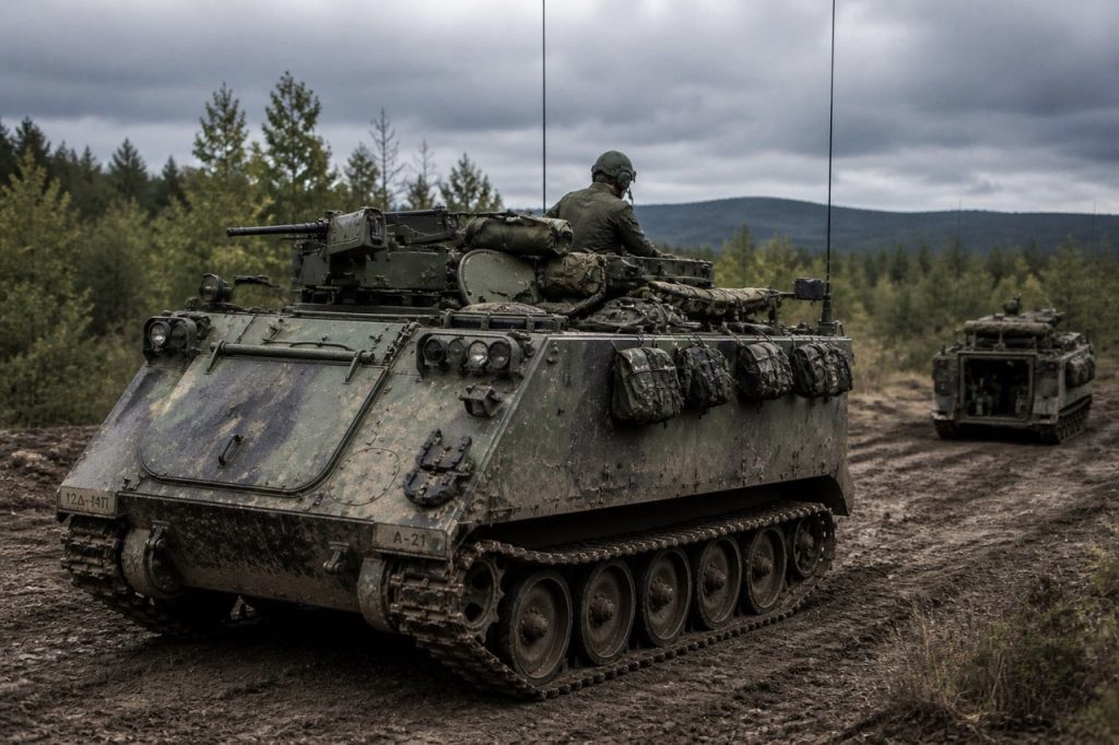 M113 namierzony pojazd pancerny przemieszczający się przez surowy teren, demonstrujący wyzwania związane z mobilnością i wymogi dotyczące podtrzymywania pojazdów pancernych
