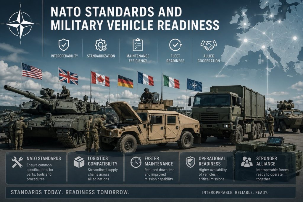 Professional defence infographic showing NATO military vehicle readiness, interoperability, fleet maintenance, armoured vehicles, logistics coordination, and allied operational support systems.
