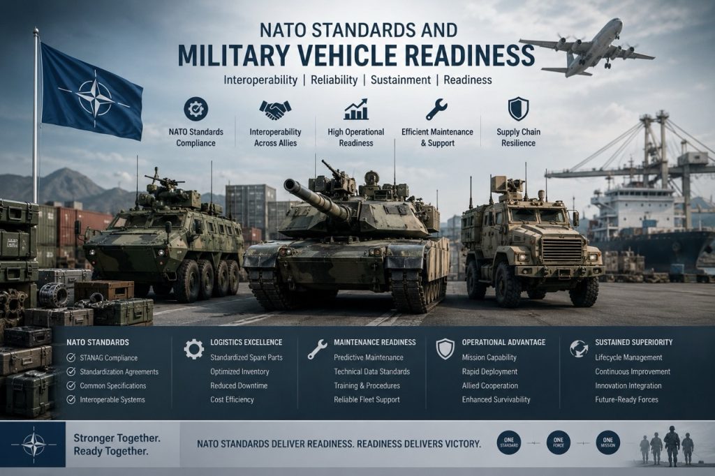 Opération logistique militaire comprenant des véhicules tactiques de l'OTAN, des plates-formes blindées, des équipages d'entretien, des pièces de rechange et des activités de maintien en état opérationnel dans un environnement de défense multinational.