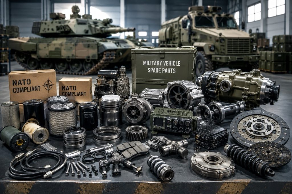 Pièces de rechange pour véhicules militaires de grande qualité affichées dans une installation d'entretien de la défense avec des véhicules blindés, du matériel conforme à l'OTAN, des systèmes de transmission, des filtres, des engrenages et des composants de soutien logistique tactique.