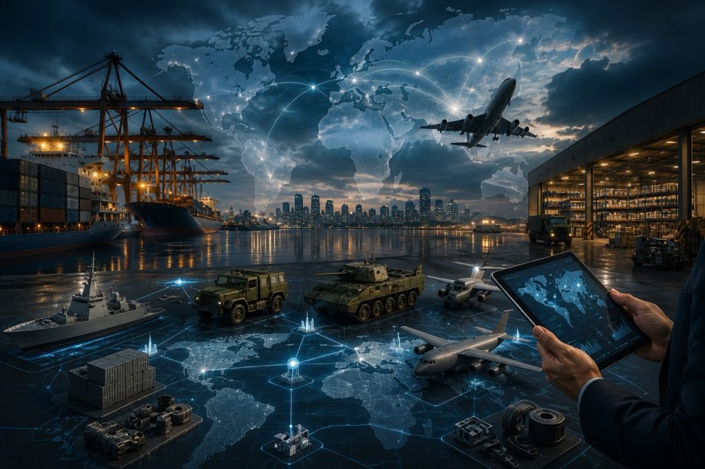 Візуалізація футуристичної оборонної логістики, що включає військові транспортні засоби, вантажні операції, військово-морські та повітряні транспортні засоби та глобальну логістичну інфраструктуру, що представляє стратегічне управління ризиками та стійкість регіонального ланцюга поставок