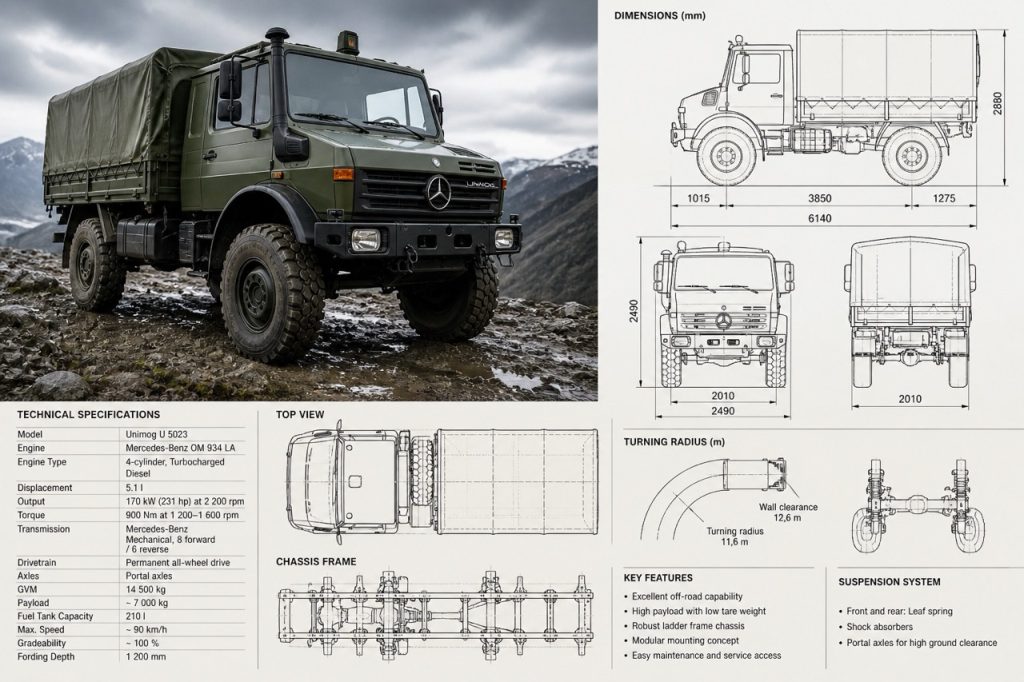 Technical drawing and specifications of Mercedes-Benz Unimog military truck including chassis layout, dimensions, suspension system and key components