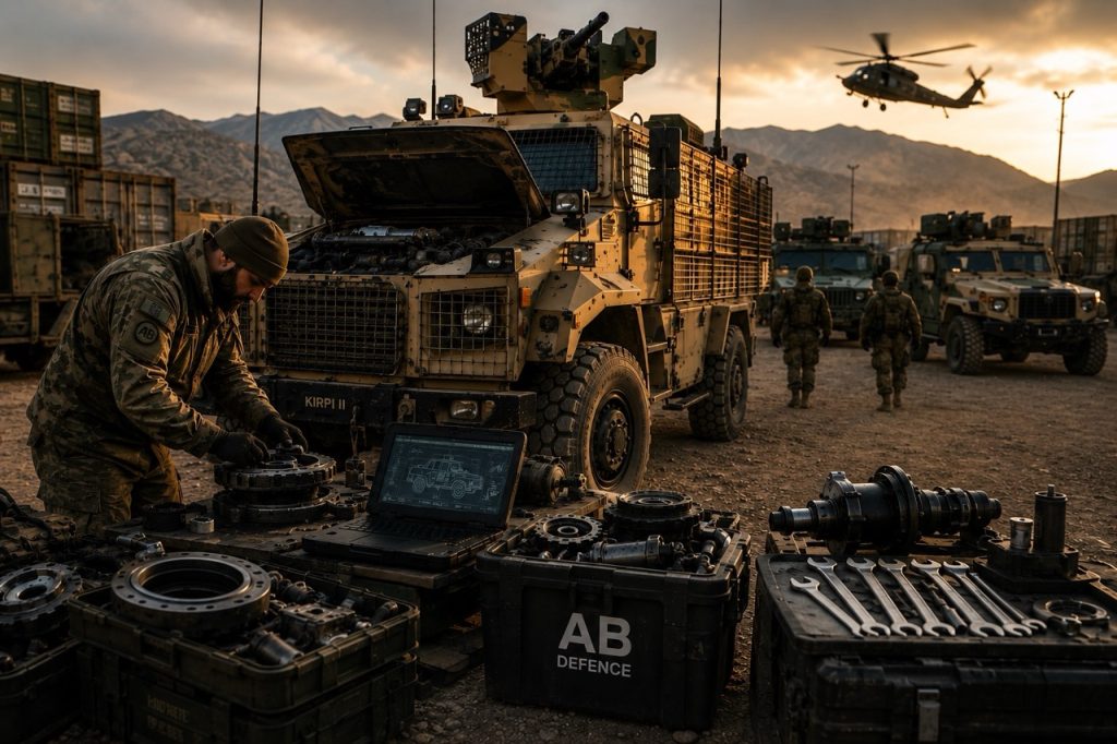 Military logistics and maintenance environment supporting tactical vehicle lifecycle management, spare parts sourcing, and fleet readiness operations