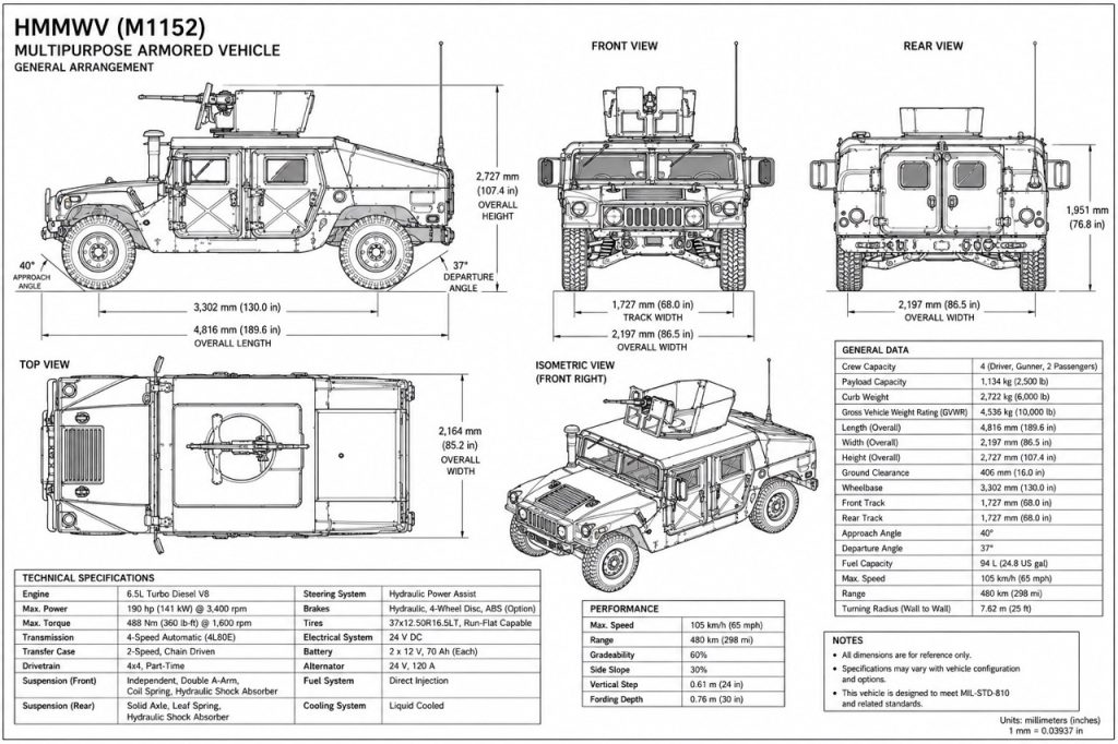 Desenho técnico detalhado e plano do veículo blindado HMMWV M1152 mostrando vistas dianteira, traseira, lateral, superior e isométricas com dimensões e especificações.