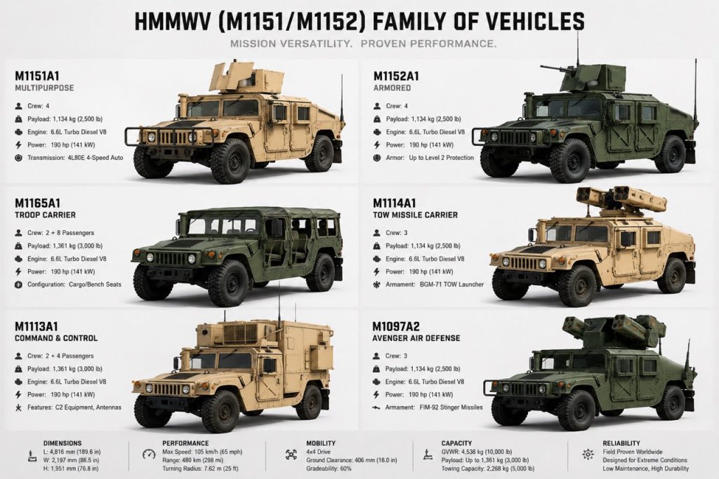 Professional infographic showing multiple HMMWV military vehicle variants including armored, troop carrier, command, missile carrier, and air defense configurations.