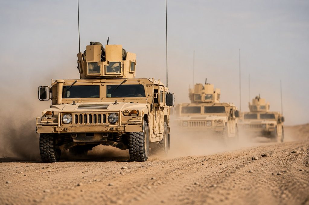 Comboio militar profissional de veículos blindados HMMWV que se movem a alta velocidade através de terrenos empoeirados do deserto durante operações táticas.