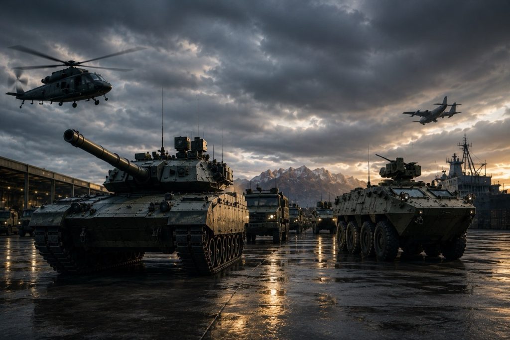 Image professionnelle de style champ de bataille avec des véhicules blindés, des plates-formes de transport militaire et des opérations tactiques mettant l'accent sur la disponibilité du parc et les capacités logistiques de défense