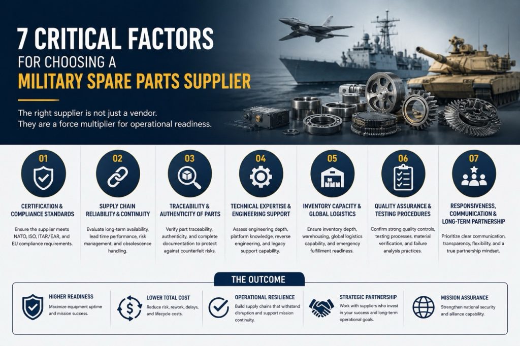 Corporate defense infographic featuring military vehicles, naval systems, aircraft, and industrial spare parts alongside the seven critical supplier evaluation factors for defense procurement, operational readiness, military logistics, and supply chain resilience.