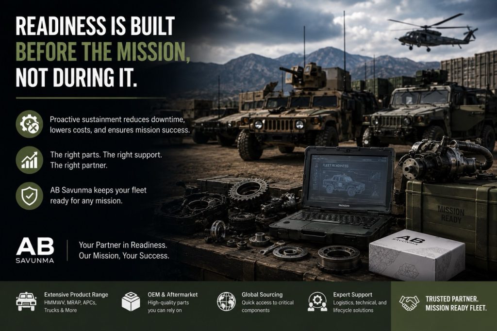 Military fleet sustainment operations showing armored tactical vehicles, predictive maintenance activities, field repair equipment, and operational readiness support
