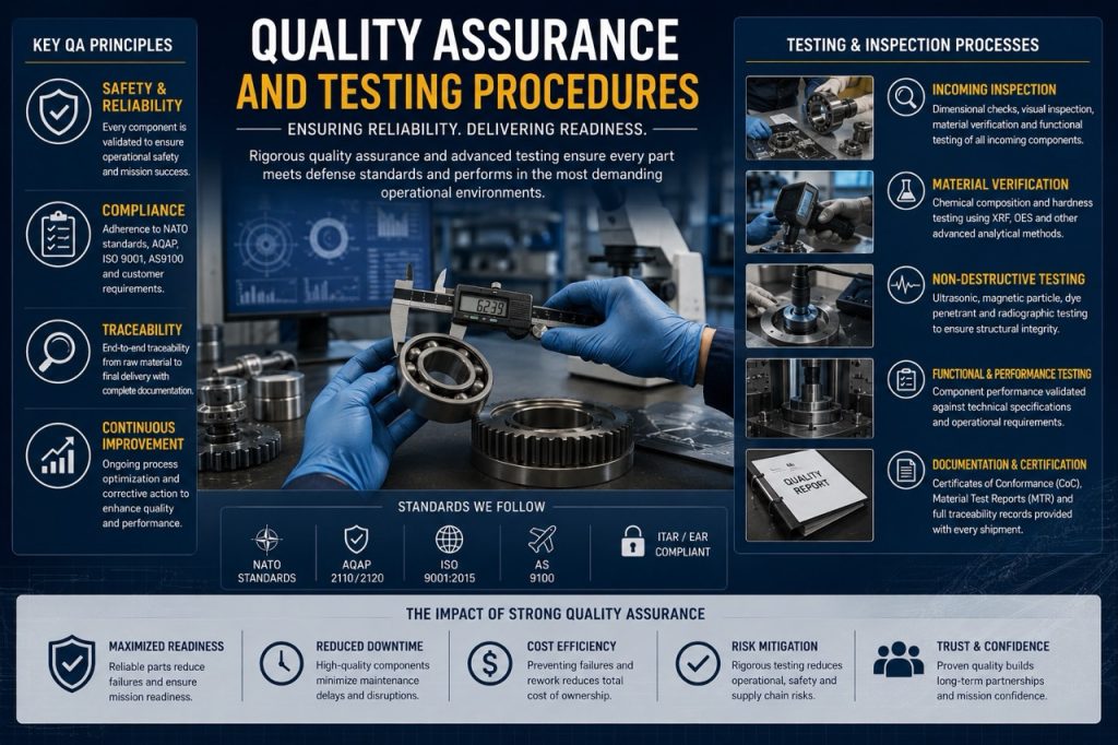 Professional defense industry infographic showing quality assurance and testing procedures for military spare parts, including incoming inspection, material verification, non destructive testing, functional performance testing, traceability, AQAP compliance, and defense supply chain quality control.
