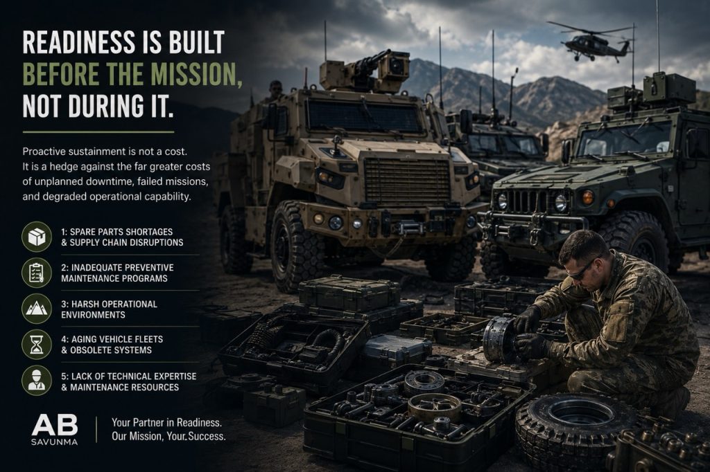 Tactical military vehicle maintenance scene featuring a Kirpi armored vehicle, spare parts, field technicians, and sustainment operations supporting mission readiness