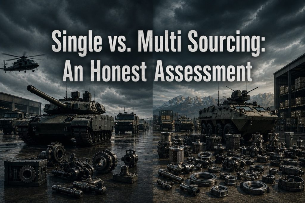 Military vehicles and spare parts logistics comparison showing single sourcing and multi sourcing approaches in defense procurement and fleet sustainment operations