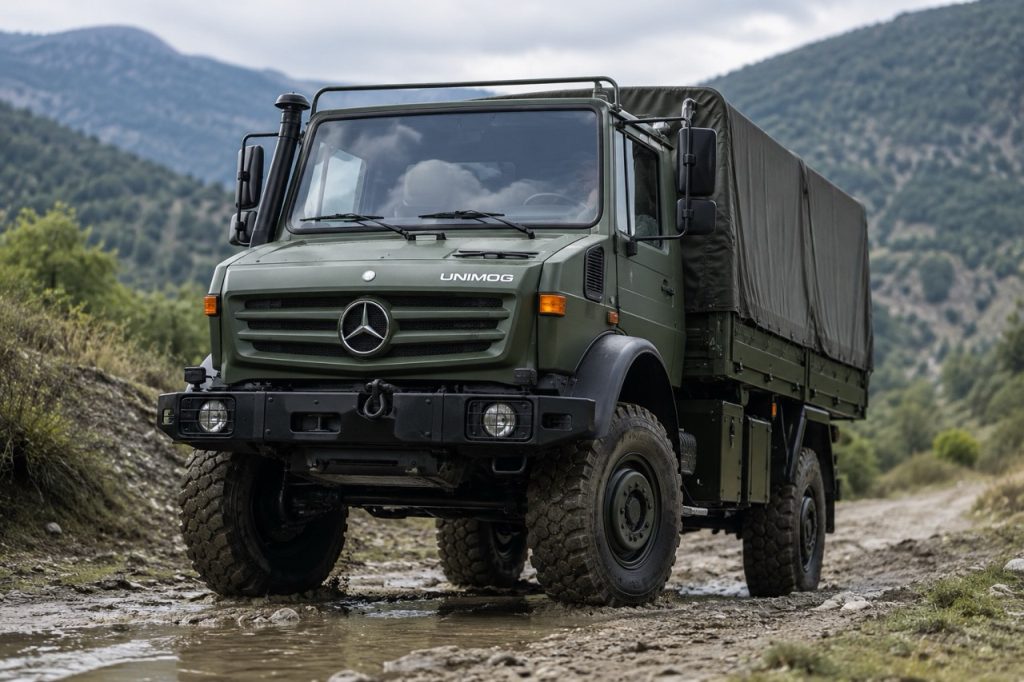 Military Unimog tactical truck operating in rugged terrain, highlighting fleet sustainment, military spare parts support, and tactical mobility operations
