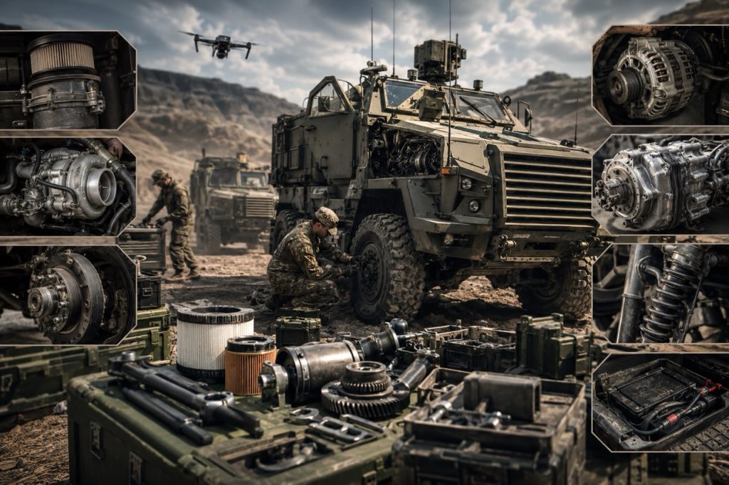 Military maintenance personnel servicing an armored tactical wheeled vehicle in a rugged desert environment. The vehicle's engine compartment is open while technicians inspect and replace critical components. Spare parts, filters, drivetrain elements, suspension components, and maintenance equipment are arranged in the foreground, highlighting the importance of preventive maintenance and fleet readiness in military operations.