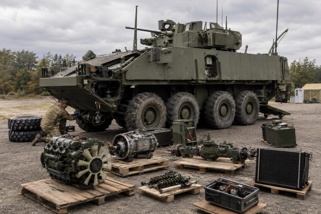 Military technicians performing maintenance on an armored military vehicle with suspension, powertrain, cooling system, tires, and electronic components prepared for replacement in a field service environment