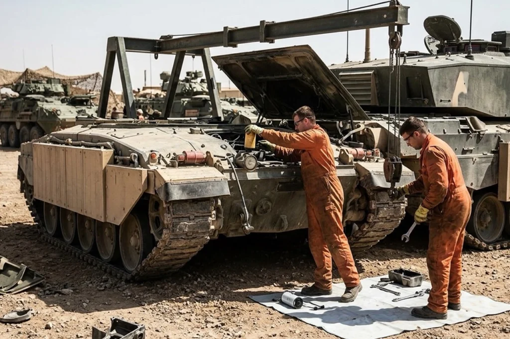 Field maintenance scene featuring an armored combat vehicle and replacement components such as engine cooling systems, electrical modules, run-flat tires, suspension assemblies, and powertrain parts used in defense operations
