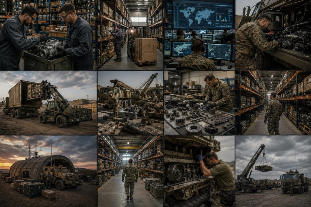 Centro de logística militar com veículos táticos, armazéns, contentores e pessoal de suprimentos que apoia a gestão estratégica de inventários, aquisição de emergência e apoio ao suporte de veículos de combate.