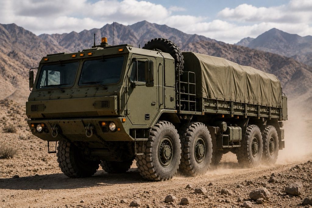 Heavy Expanded Mobility Tactical Truck (HEMTT) operating in a rugged desert environment, showcasing its eight wheel drive platform, heavy cargo transport capability, and military logistics support role in U.S. Army sustainment operations, tactical mobility, fleet readiness, defense supply chain management, and battlefield resupply missions.