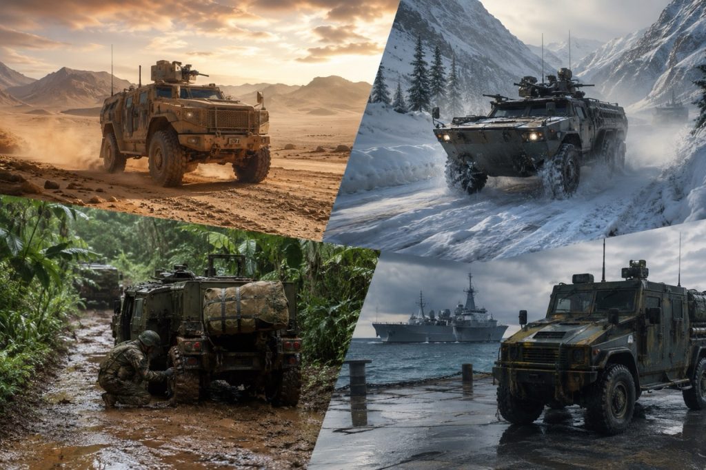 Military tactical vehicles operating across desert, arctic, tropical, and coastal environments, illustrating how extreme climate conditions affect vehicle reliability, maintenance requirements, and mission readiness.