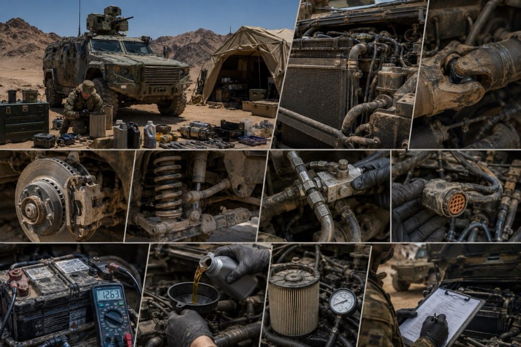Close up view of critical military vehicle components including radiator, drivetrain, suspension, braking system, hydraulic lines, electrical connectors, battery, filters, and lubricants during preventive field maintenance in harsh operating conditions.