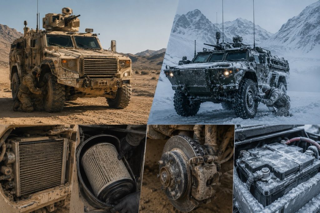Field maintenance of military vehicles in extreme desert heat and arctic cold, featuring cooling system, air filter, brake assembly, and battery inspections to prevent climate-related component failures.