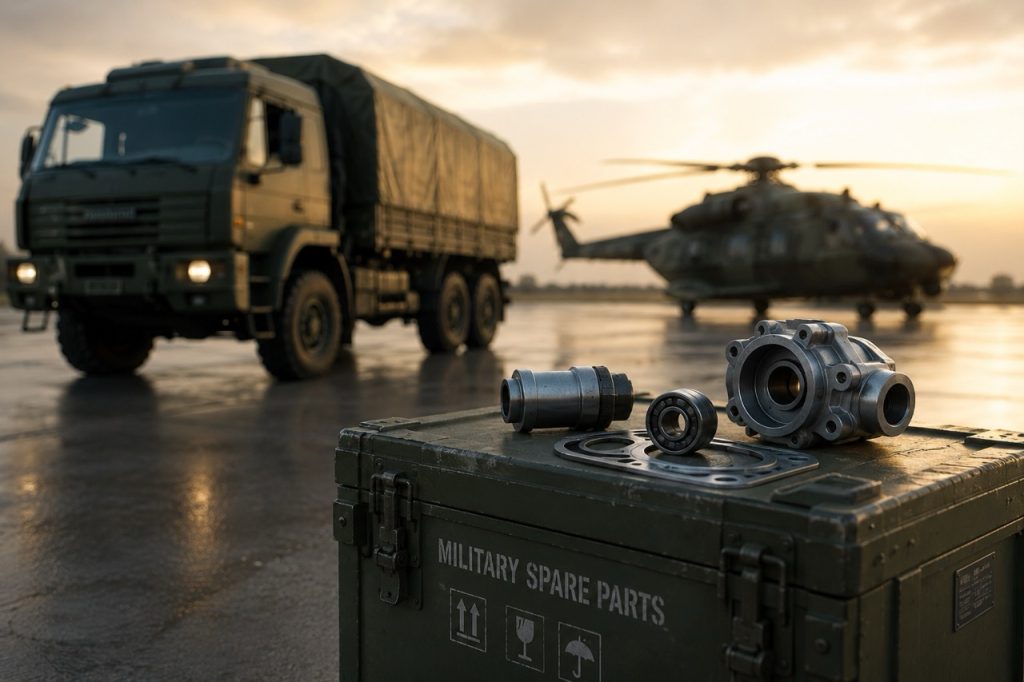 Critical military spare parts prepared for field deployment with military transport vehicle and helicopter supporting defense logistics operations