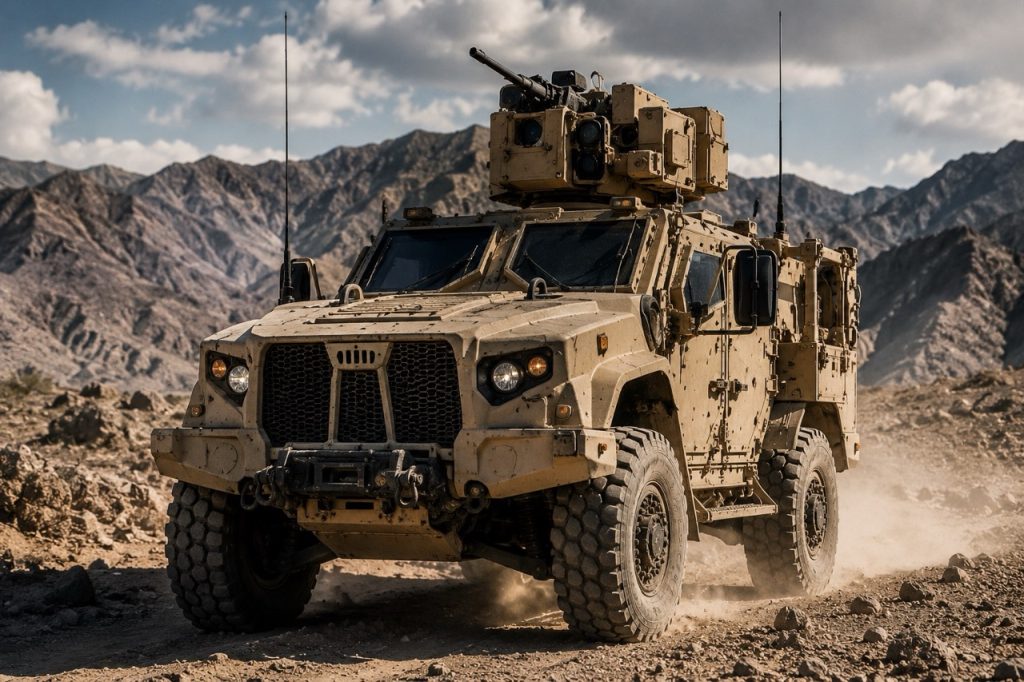 Joint Light Tactical Vehicle (JLTV) operating in a rugged desert environment, showcasing advanced armor protection, high off-road mobility, and modern tactical capabilities designed for U.S. Armed Forces missions, expeditionary operations, fleet readiness, and defense logistics support.