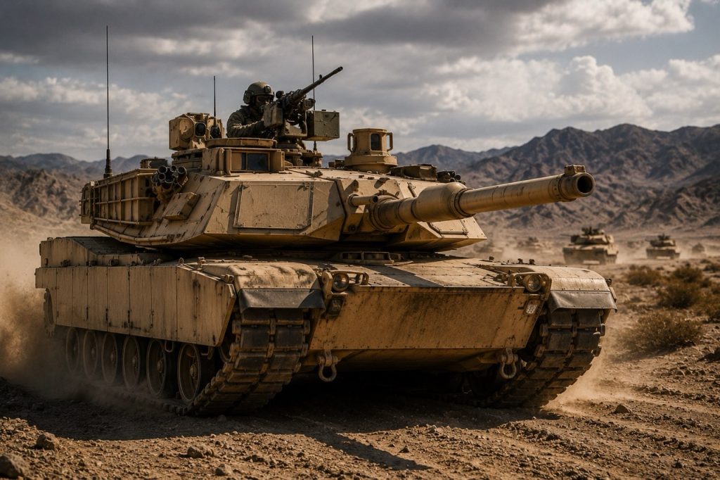 M1 Abrams Main Battle Tank maneuvering across rugged desert terrain during a tactical military operation, showcasing advanced armored protection, superior firepower, and battlefield mobility while representing the U.S. Army’s main battle tank and its role in armored warfare, fleet readiness, defense logistics, and modern combat operations.