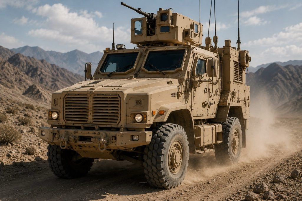 Mine Resistant Ambush Protected (MRAP) vehicle operating across rugged desert terrain, featuring a reinforced V-shaped hull, heavy armor, and high ground clearance designed to withstand improvised explosive devices (IEDs) and ambush threats while supporting U.S. military patrol missions, tactical mobility, force protection, fleet readiness, and defense logistics operations.