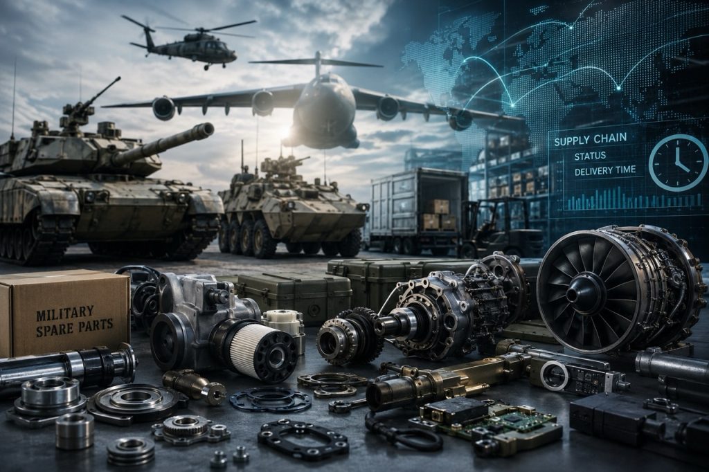 Military vehicle spare parts including transmission components, hydraulic systems, bearings and electronic modules supporting defense logistics, operational readiness and fleet maintenance programs