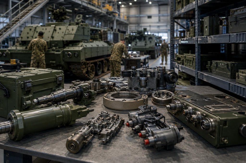 Military spare parts and critical armored vehicle components displayed in a defense maintenance facility to support operational readiness and sustainment