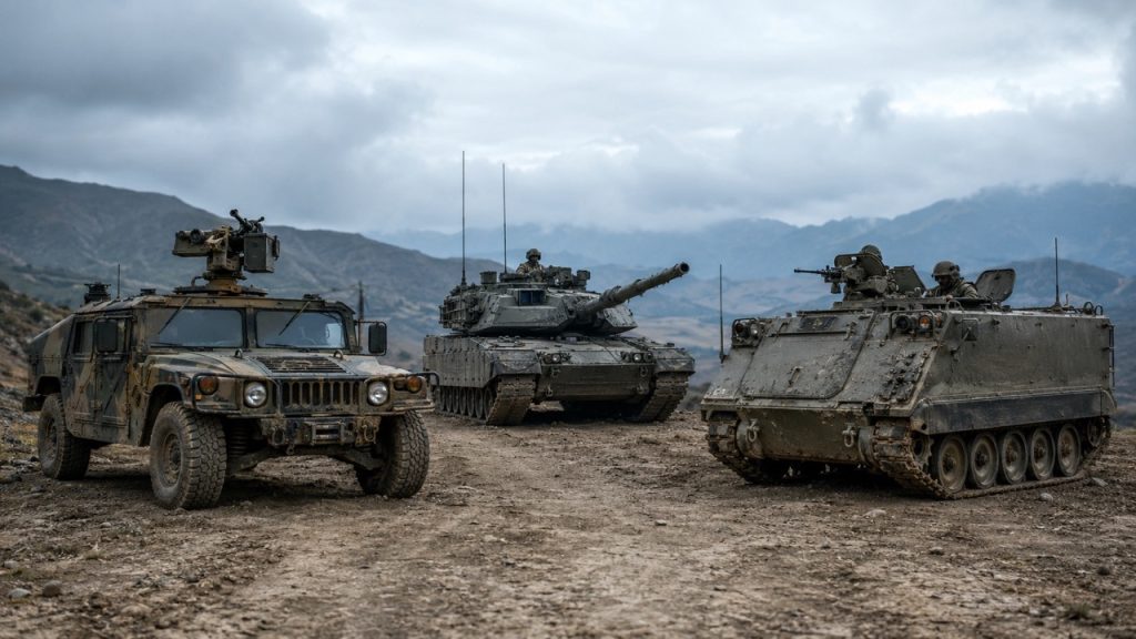 HMMWV, Leopard 2 main battle tank and M113 armored personnel carrier operating in the field, illustrating military spare parts supply chain challenges, lead time risk and fleet sustainment requirements
