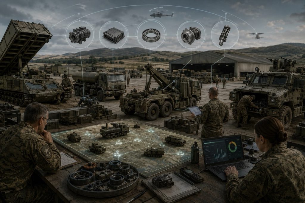 Engenheiro de manutenção da defesa monitorando um modelo digital duplo de um veículo militar para otimizar a manutenção preditiva, planejamento de peças de reposição e disponibilidade da frota.