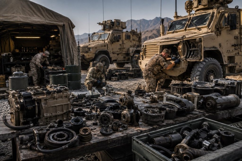Professional military maintenance field featuring tactical armored vehicles and military spare parts including transmission assemblies, hydraulic components, bearings and drivetrain systems supporting fleet readiness and defense logistics.