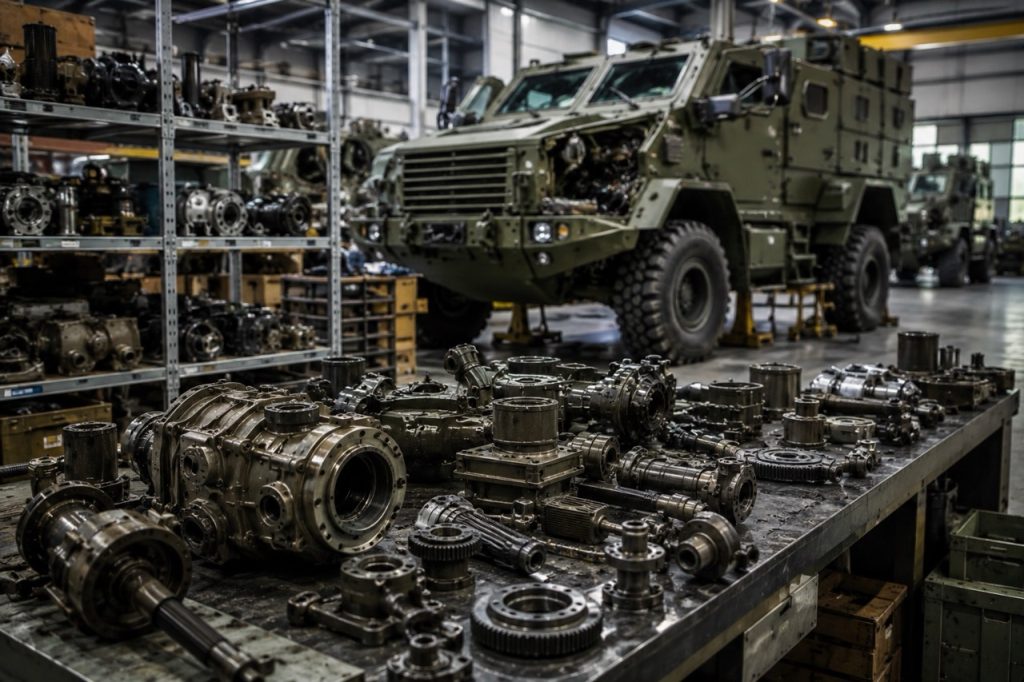 High quality military vehicle spare parts displayed inside a professional defense maintenance warehouse with armored tactical vehicles, showcasing military logistics, sustainment operations and operational readiness.