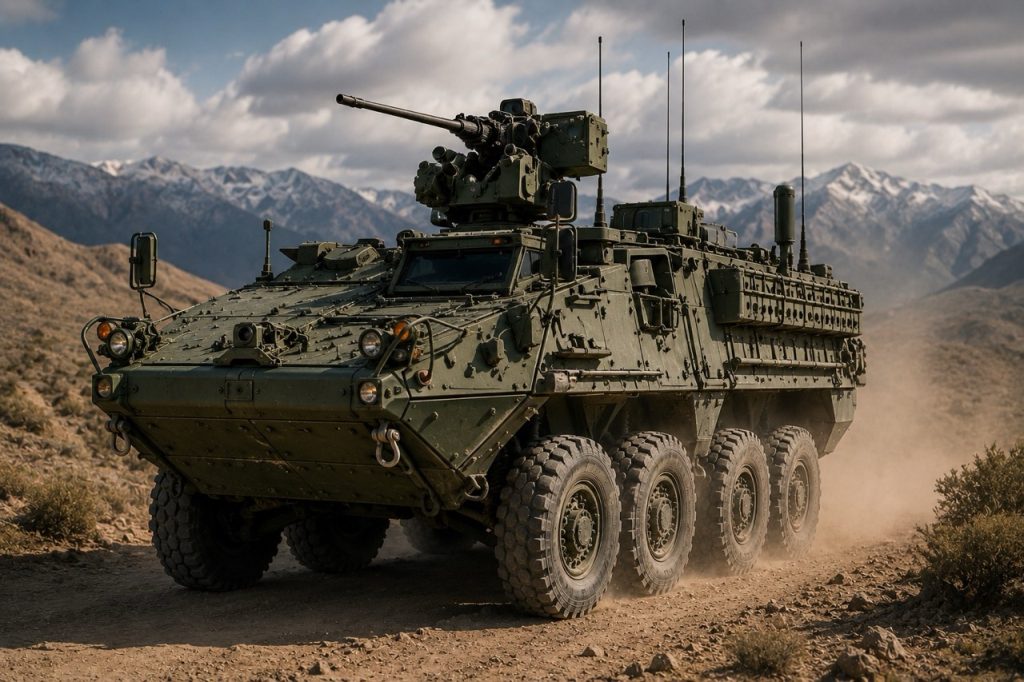 Stryker Armored Vehicle operating across rugged terrain during a tactical mission, showcasing its eight wheel armored design, high mobility, advanced protection systems, and versatile combat capabilities that support U.S. Army infantry operations, rapid deployment, fleet readiness, and modern defense logistics.