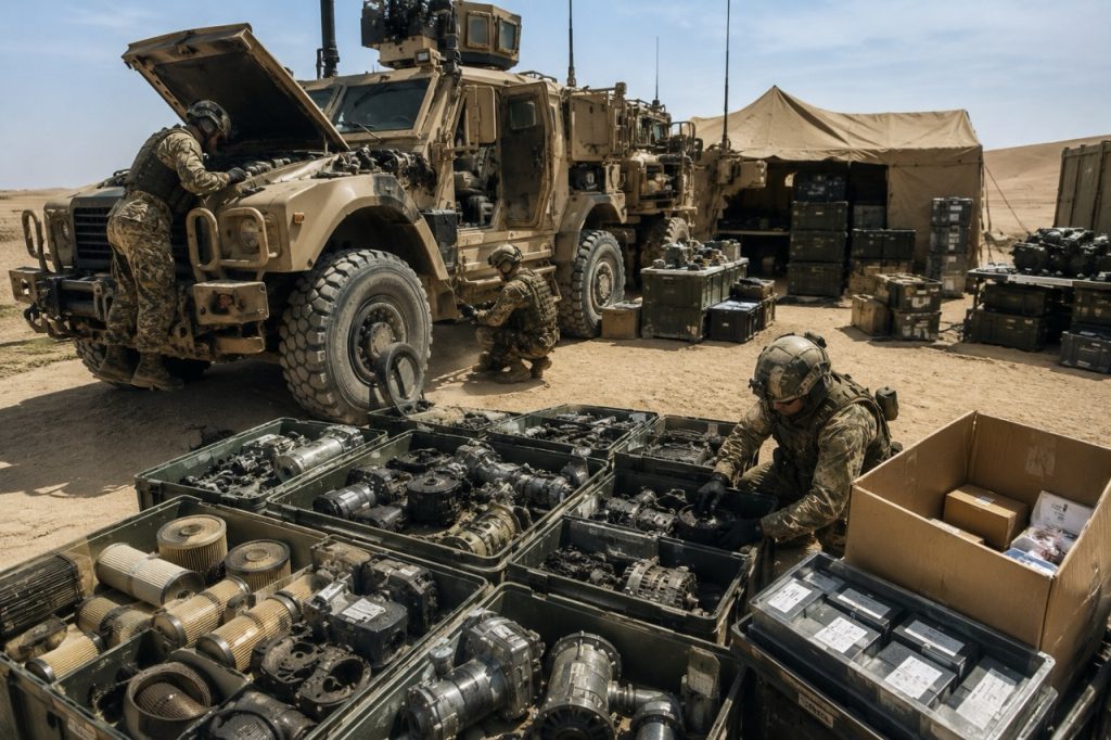 Personnel militaire chargé de la logistique et de l ' entretien des véhicules sur le terrain, avec un inventaire de pièces détachées organisé, appui à l ' entretien préventif, efficacité de la chaîne d ' approvisionnement et disponibilité opérationnelle dans les conditions de déploiement.