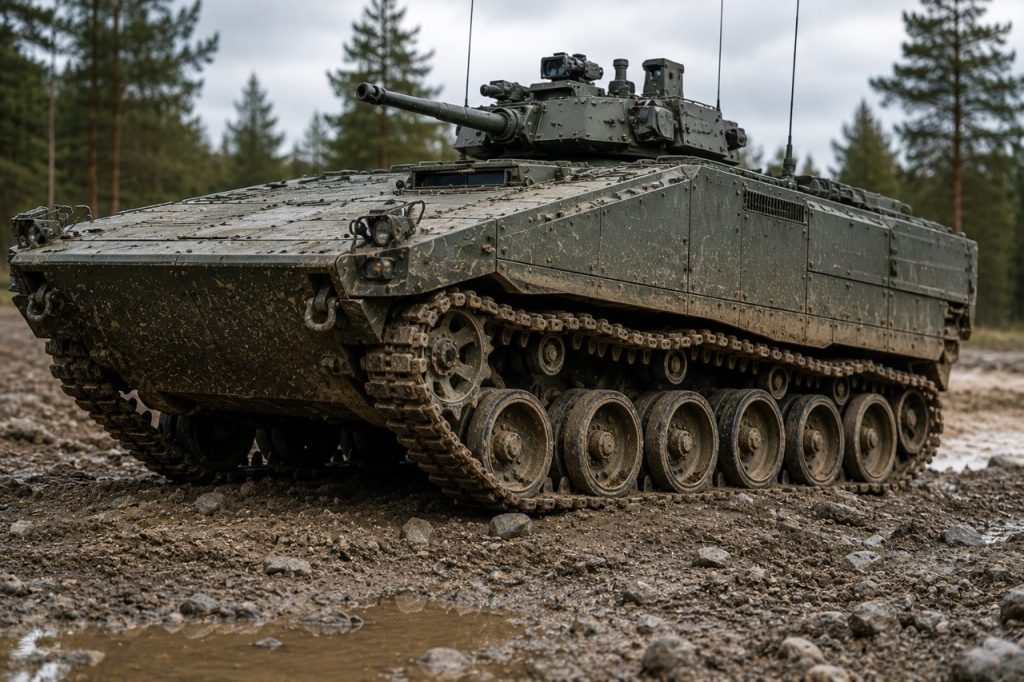 Professional field image of an armored tracked vehicle traversing rough terrain, emphasizing suspension system reliability, mobility support, military maintenance and operational readiness for defense fleets.