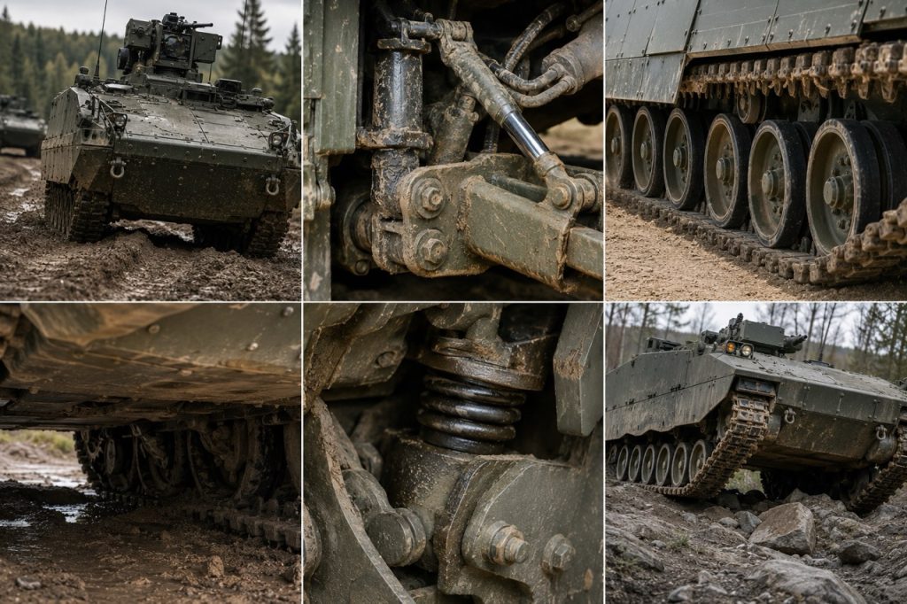 Close view of armored vehicle suspension, track system and road wheels in a realistic field environment, highlighting suspension durability, mobility performance and defense maintenance operations.