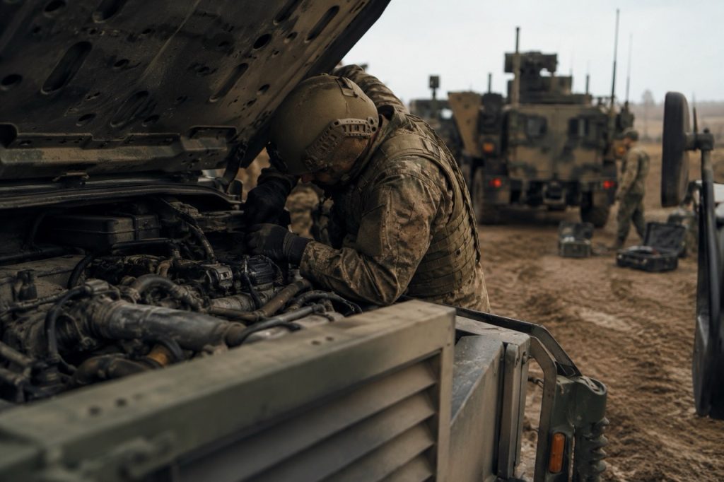 Military maintenance technician performing preventive maintenance on a tactical vehicle engine in a field environment, demonstrating battlefield readiness, equipment reliability, and defense fleet sustainment operations.