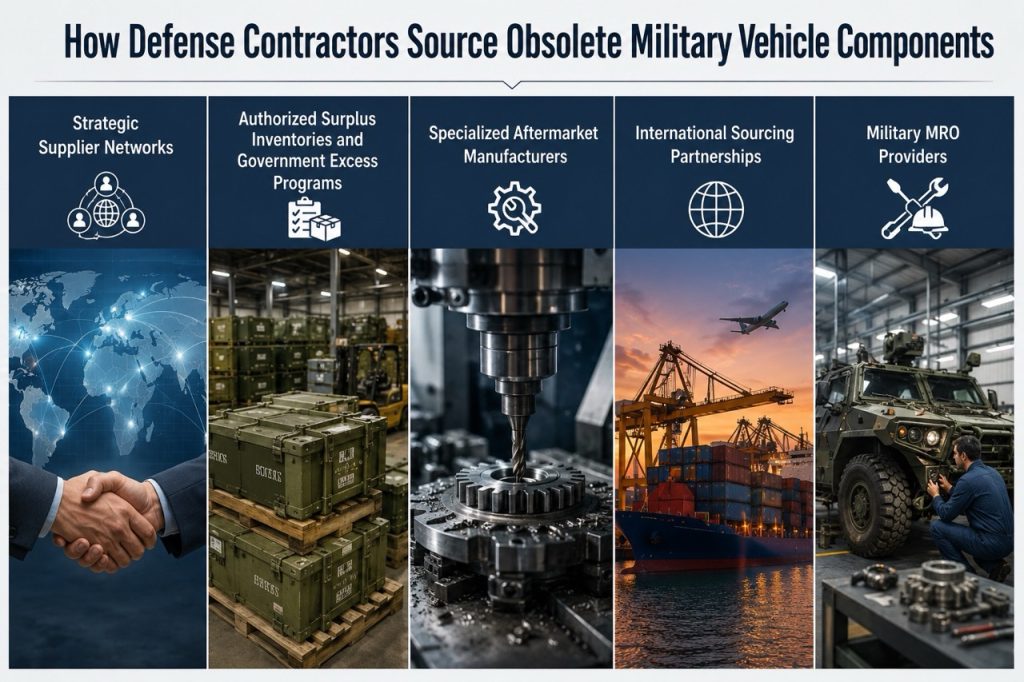 Professional defense supply chain infographic illustrating strategic supplier networks, authorized surplus inventories, specialized aftermarket manufacturers, international sourcing partnerships, and military MRO providers for obsolete military vehicle components and fleet sustainment.