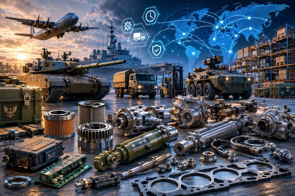 Defense supply chain network supporting military vehicle sustainment through strategic inventory planning, spare parts procurement and lead time risk management for operational readiness