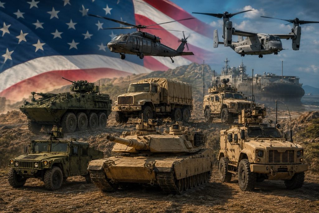 Professional infographic featuring the 10 most widely used military vehicles in the U.S. Armed Forces, including the HMMWV (Humvee), Joint Light Tactical Vehicle (JLTV), M1 Abrams Main Battle Tank, Stryker Armored Vehicle, Bradley Fighting Vehicle, M113 Armored Personnel Carrier, Family of Medium Tactical Vehicles (FMTV), Heavy Expanded Mobility Tactical Truck (HEMTT), Palletized Load System (PLS/HEMTT-LHS), and MRAP family vehicles, illustrating U.S. military mobility, armored warfare, logistics support, fleet readiness, and defense sustainment operations.