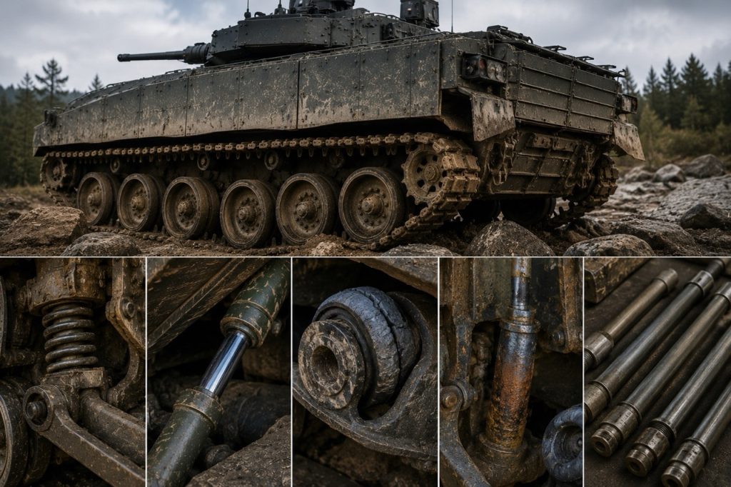 Professional field image of an armored tracked vehicle operating under demanding terrain conditions with emphasis on suspension system performance, mobility reliability, component durability and military maintenance operations.