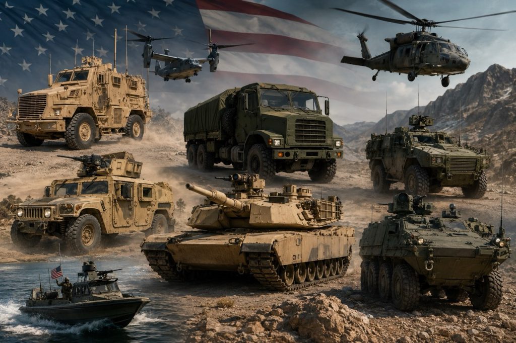 Professional battlefield scene featuring a diverse fleet of U.S. military vehicles, including armored combat vehicles, main battle tanks, tactical trucks, MRAPs, and logistics support platforms operating in a rugged environment, illustrating modern defense mobility, fleet readiness, military logistics, operational sustainment, and combat support capabilities.