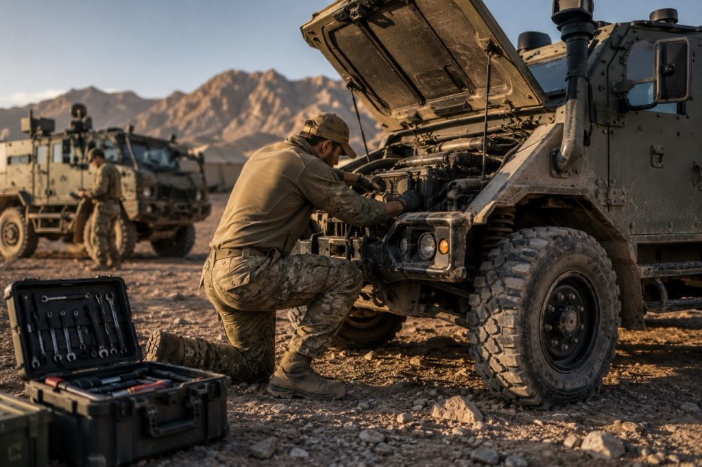Field maintenance personnel performing preventive maintenance on a tactical military vehicle in a harsh desert environment, highlighting operational readiness, reliability, and mission-critical fleet sustainment under extreme conditions.