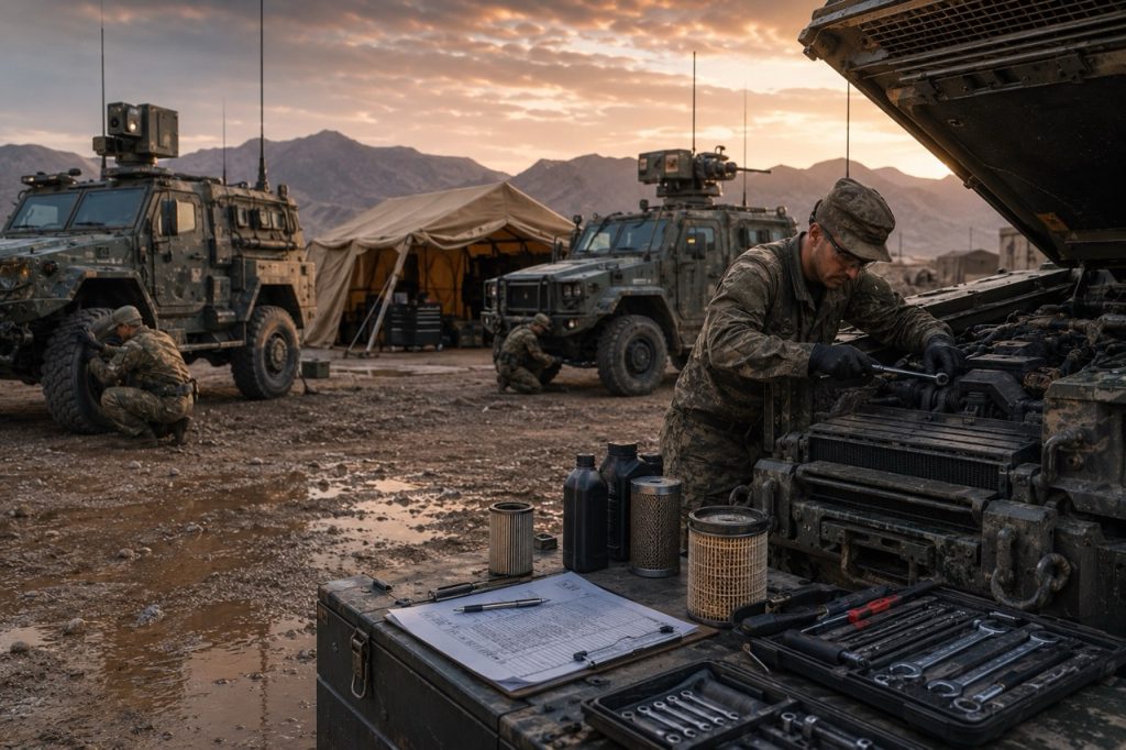 Military maintenance personnel performing preventive maintenance on tactical armored vehicles at a forward operating base, inspecting critical engine systems, filters, fluids, and mechanical components to maximize fleet readiness, reliability, and mission availability in demanding operational environments.