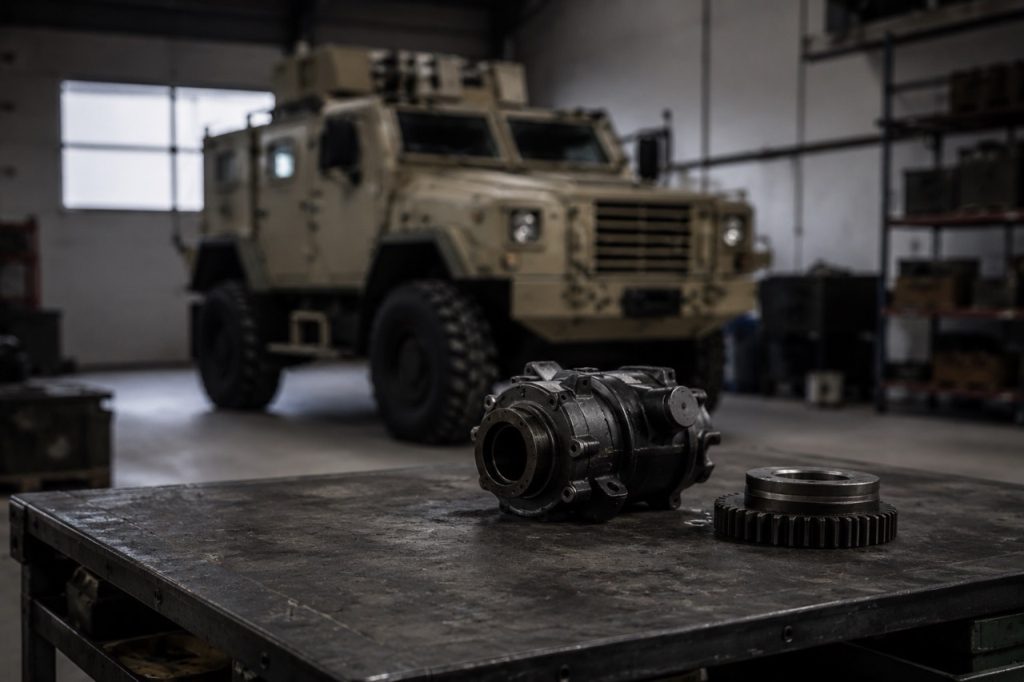 Minimalist professional image featuring a military transmission gear in sharp focus with a HMMWV tactical vehicle softly blurred in the background, illustrating high quality military spare parts, defense supply chain resilience and mission ready fleet maintenance.